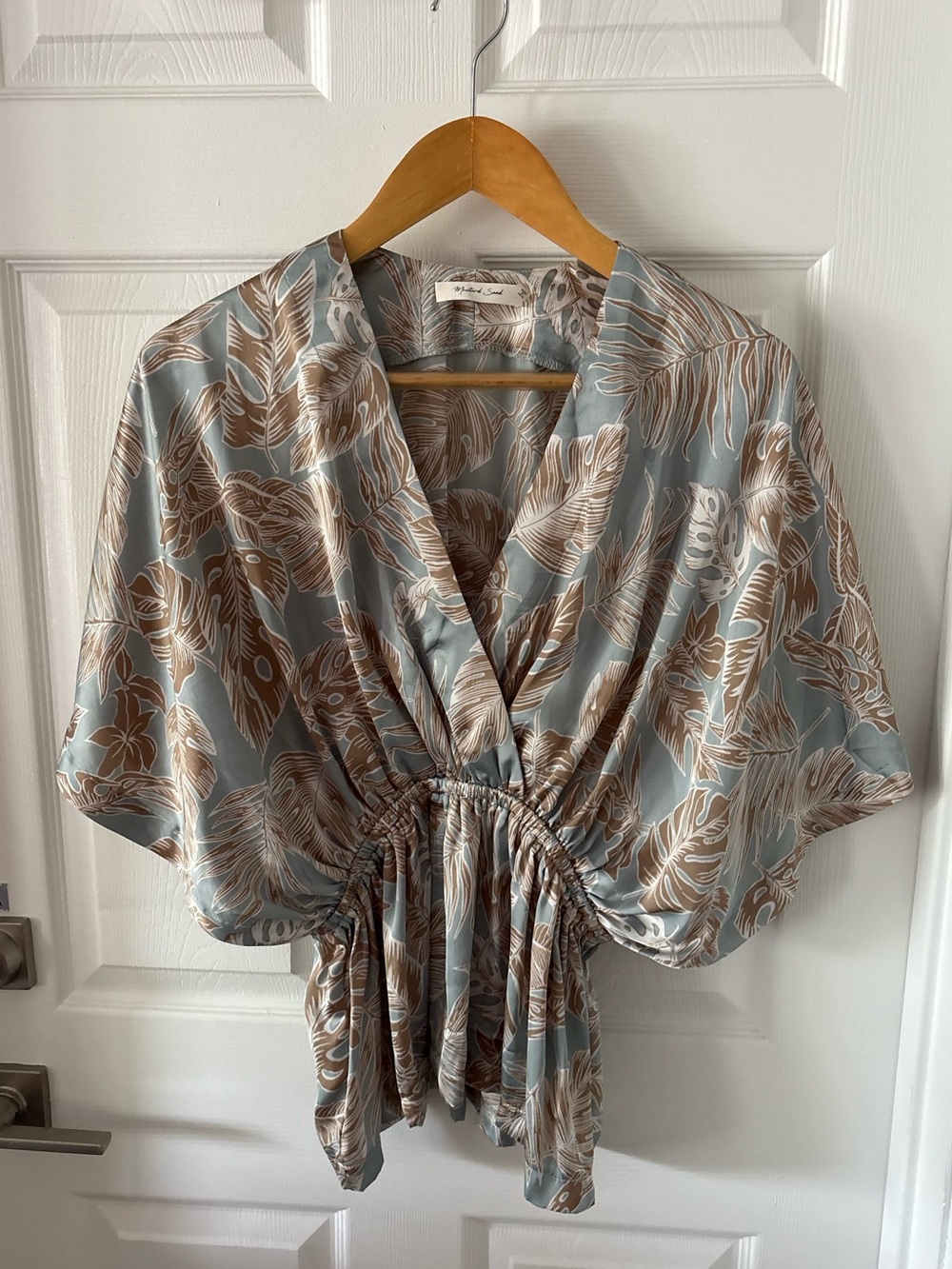 Mustard Seed Tropical Palm Leaf Satin Wrap Peplum Blouse Size S
